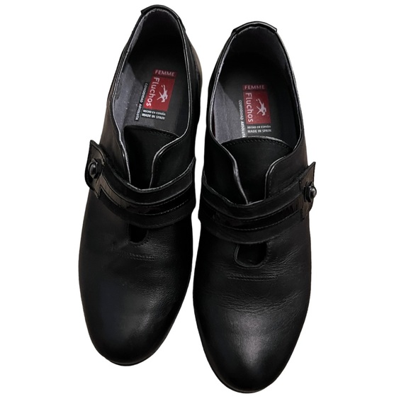 Fluchos Spain Women’s Black Leather Oxford Shoes w/ Velcro Strap 37 6.5 - Picture 6 of 9